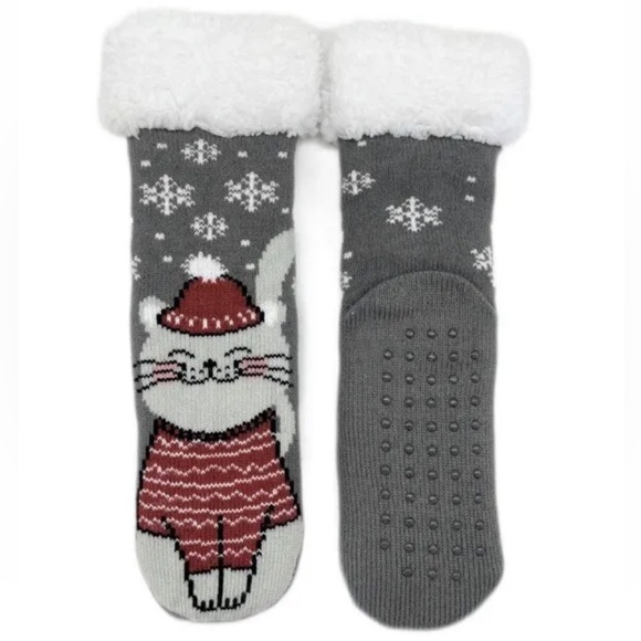 Happy Holidays Accessories - Lined Warm Cat and Snowflake Slipper Socks